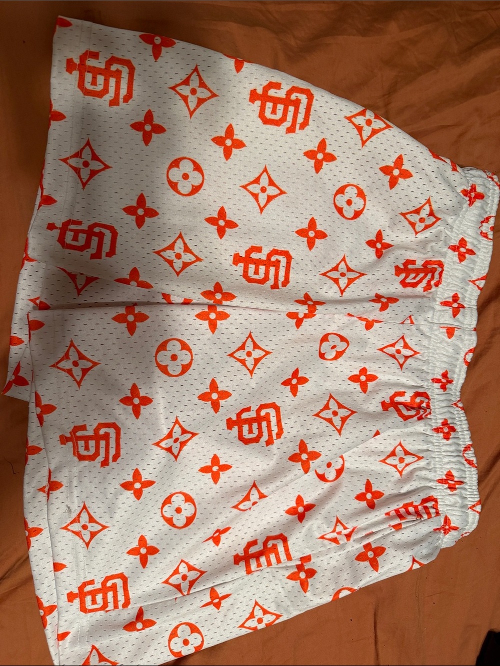 Men's White Athletic Shorts with Louis Vuitton Bright Orange Graphic Pattern